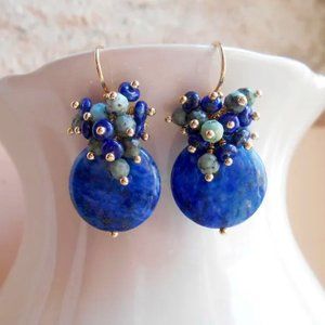 Sundance Azure African Turquoise, Lapis Lazuli cluster earrings w gold e…